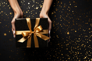  romantic black and gold background with woman hands holding a wrapped gift box seen from above for a birthday 