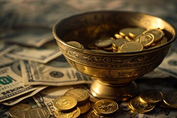 a bowl of gold coins and money