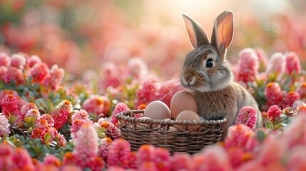 Fototapeta na wymiar Easter bunny with a basket full of eggs among spring flowers, solid color background, 4k, ultra hd