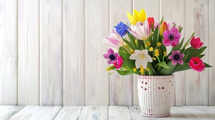 Magnificent spring flowers in vase on white wooden table, Festive still life