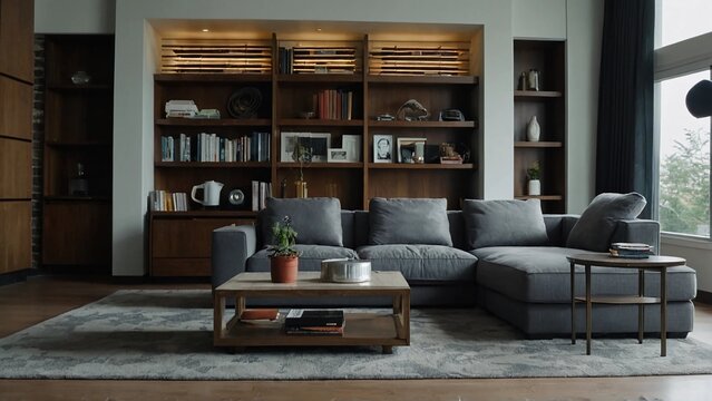 living room interior,A large grey sectional sits in front of a large wooden bookshelf. The bookshelf is filled with various books and decorative items. A large window is on the right side of the room,