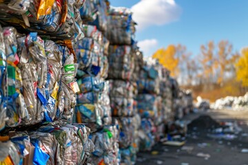 Colorful bales of compressed plastic waste ready for recycling