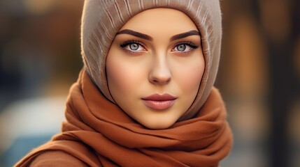 Portrait of beautiful young muslim arabian woman wearing white hijab looking at camera - obrazy, fototapety, plakaty
