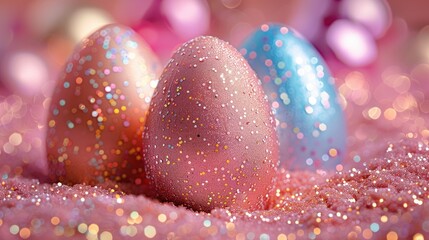 Easter eggs with glitter and metallic colors, solid color background, 4k, ultra hd