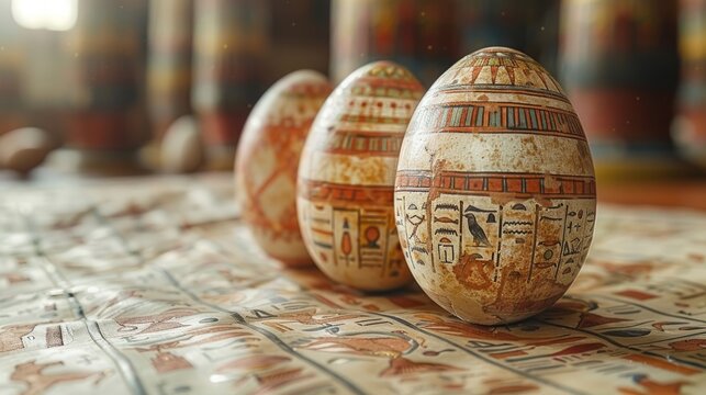 Easter eggs with images of ancient civilizations, solid color background, 4k, ultra hd
