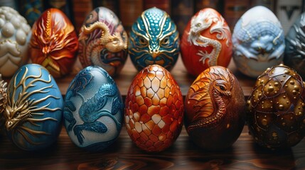 Easter eggs with images of mythical creatures, solid color background, 4k, ultra hd - obrazy, fototapety, plakaty
