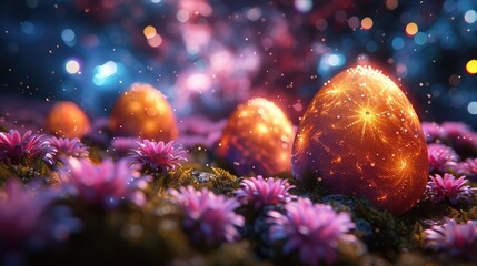 Obraz na płótnie Canvas Easter eggs with images of space landscapes, solid color background, 4k, ultra hd
