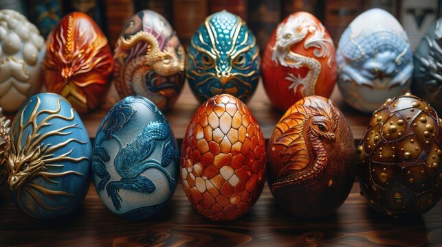 Easter eggs with images of mythical creatures, solid color background, 4k, ultra hd