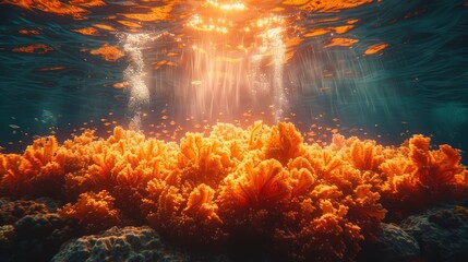 Fire blazing underwater, illuminating the ocean floor and attracting heat-loving sea creatures around it, solid color background, 4k, ultra hd