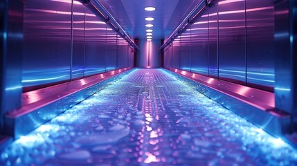 Ice flake illuminated catwalk for refrigeration equipment, solid color background, 4k, ultra hd - obrazy, fototapety, plakaty