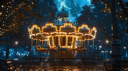 A whimsical carousel spinning merrily in a moonlit park