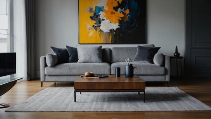 living room interior,A grey couch sits under a large painting in a living room.A large and comfortable sofa, in gray with large and two small cushions