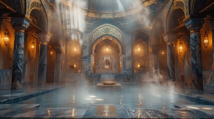 Exquisite turkish hammam interior  marble surfaces, atmospheric dome ceiling, lighting mastery