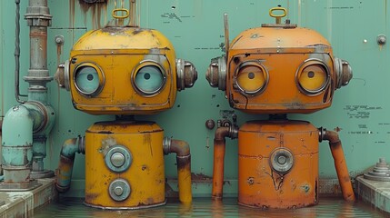 Plumbing robots fixing a pipe, solid color background, 4k, ultra hd