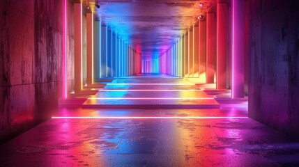 Rainbow lighted catwalk for children's toys, solid color background, 4k, ultra hd - obrazy, fototapety, plakaty