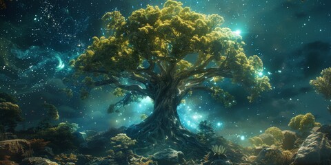 A painting capturing a lone tree standing tall in the darkness of the night, with branches reaching for the starlit sky, surrounded by shadows and mystery.