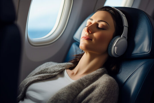 AI generated image of charming relaxed woman enjoying flight comfortable airplane