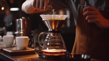 Professional barista making filtered drip coffee in coffee shop. Close up of hands barista brewing a drip hot espresso