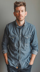 Obraz premium A man in a blue shirt is standing in front of a gray wall. He has a serious expression on his face