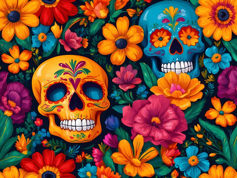 Painted colourful Cinco de Mayo skulls in a vibrant Mexican style with a bouquet of traditional flower designs.