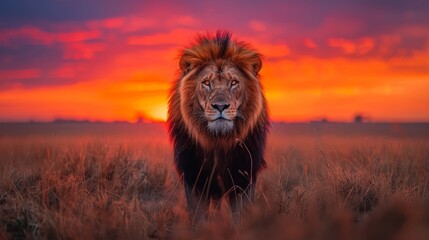 Regal lion at sunset  vibrant wildlife photography with majestic stance in savannah