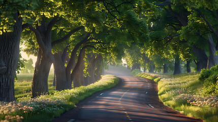 A winding country road flanked by towering trees