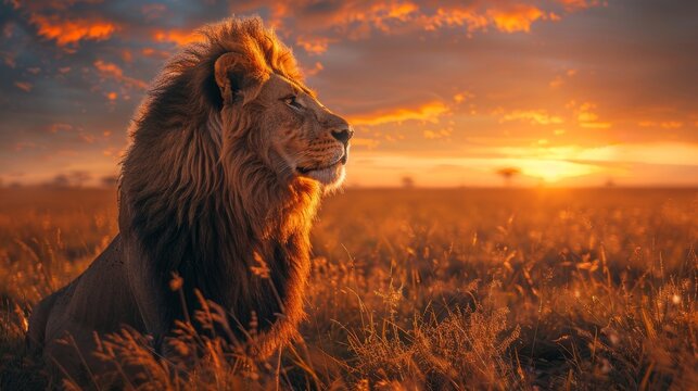 Fototapeta Majestic lion at sunset  vibrant wildlife photography with high quality telephoto lens