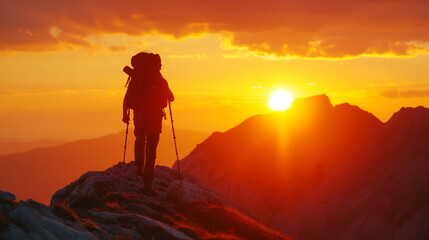 Lone Backpacker Silhouetted Against Fiery Sunset on Remote Mountain Ridge, Contemplative Journey
