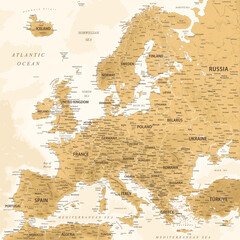 Europe - Highly Detailed Relief Topographic Vector Map of the Europe. Ideally for the Print Posters. Golden Spot Beige Retro Style