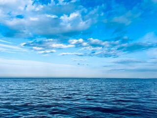 Blue sea horizon, blue seascape, natural blue sea background