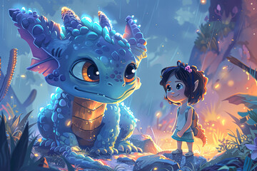A blue dragon is sitting next to a little girl. The dragon has a smile on its face and the girl is looking at it