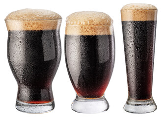 Glasses of chilled dark beer with large head of foam isolated on white background. Clipping paths. - obrazy, fototapety, plakaty