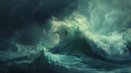 Dramatic Sea Scene, Ocean Waves Clash in Stormy Weather - obrazy, fototapety, plakaty