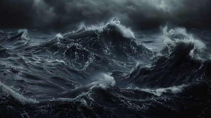 Nocturnal Ocean Fury, Waves Crashing Beneath Ominous Night Sky - obrazy, fototapety, plakaty