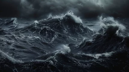 Foto op Canvas Nocturnal Ocean Fury, Waves Crashing Beneath Ominous Night Sky © @foxfotoco