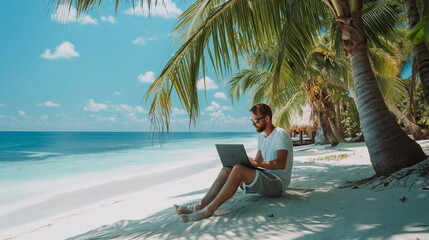 Fototapeta na wymiar Digital Nomad Lifestyle, Freelancer Working Remotely on Laptop From Tropical Beach Paradise