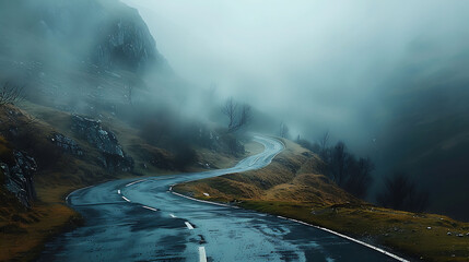 A winding mountain road disappearing into the mist
