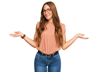 Young hispanic woman wearing casual clothes and glasses smiling showing both hands open palms, presenting and advertising comparison and balance