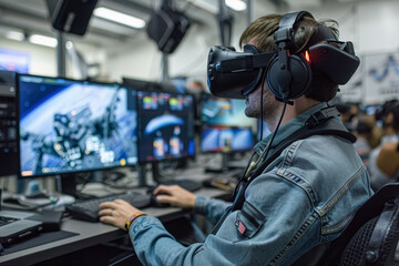 A man wearing a headset is playing a video game on a computer. The man is wearing a blue jacket and is sitting in front of a computer monitor - obrazy, fototapety, plakaty