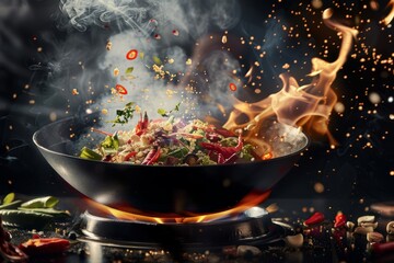 Chef's Flaming Wok Show, Asian Cuisine in Vivid Motion
