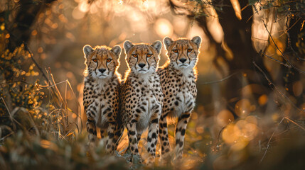 Three cheetahs standing in a field with the sun shining on them