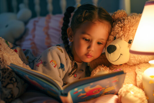 Cute little girl lying in bed with teddy bear at night and reading a book in bed at home. Early childhood education concept.
