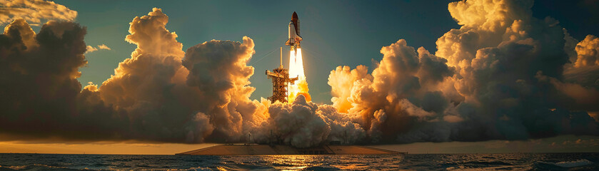 Golden hour space shuttle launch, where day meets night amidst cotton clouds