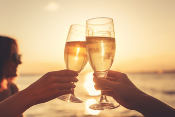  a group of friends caucasian hands toasting champagne glasses for valentine with a beach background, a celebration or engagement concept 