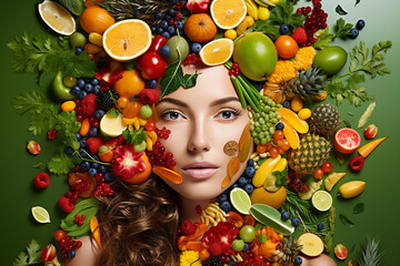 Fototapeta na wymiar AI generated portrait of person made from fruit and vegetables concept on theme of healthy lifestyle