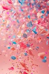 Fototapeta na wymiar Pastel colorful confetti, falling and levitation, light pink background