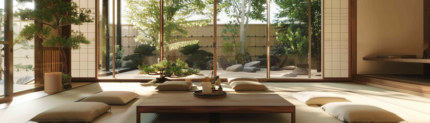 Fototapeta na wymiar Japanese interior design, where minimalism meets tranquility, creating serene spaces