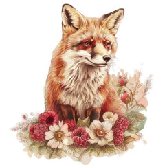 Obraz premium Fox sitting on flowered patch against transparent backdrop