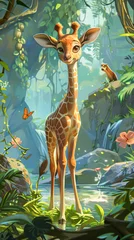 Wandaufkleber A giraffe is standing in a lush green jungle with a waterfall in the background. The scene is full of life and color, with butterflies fluttering around and a small animal nearby © Kowit