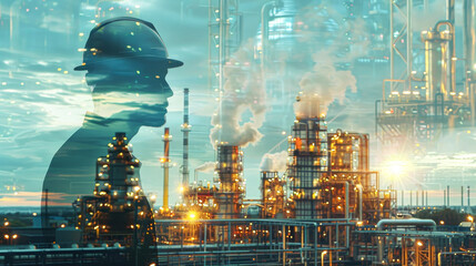 A man in a hard hat is seen in a city skyline with a factory in the background. Concept of industry and hard work, as well as the importance of safety in such environments